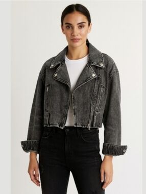 Zara Black/gray Cropped Oversized Denim Biker Moto Jacket Size M